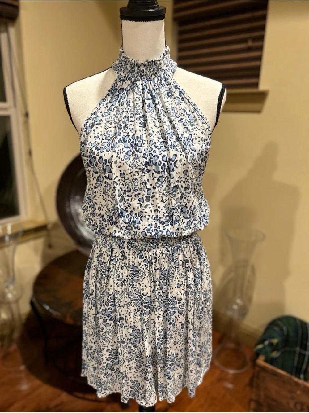 Skemo Blue and White Floral Halter Smocked Mini Dress